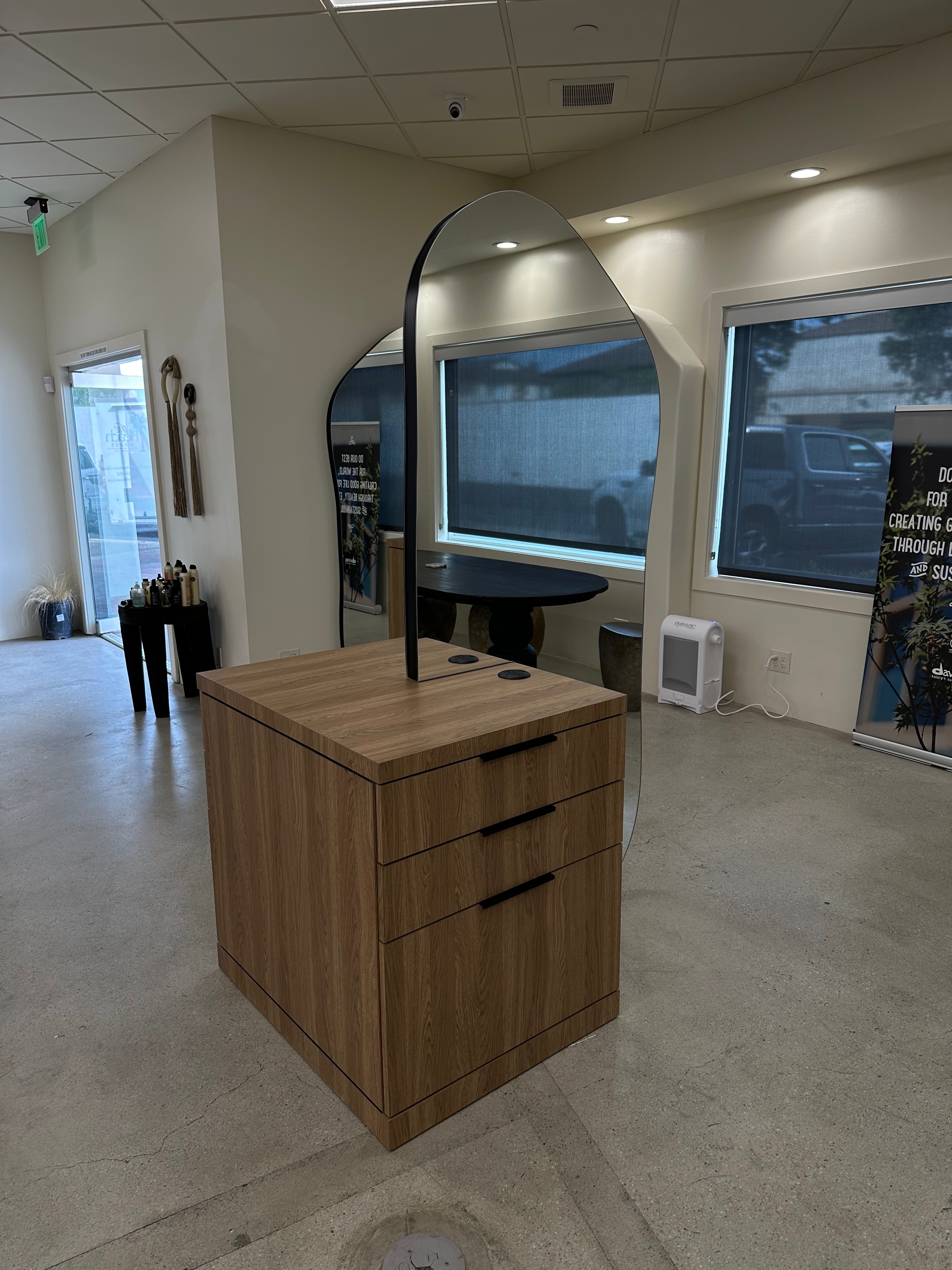 Styled center island station with stone accent wall